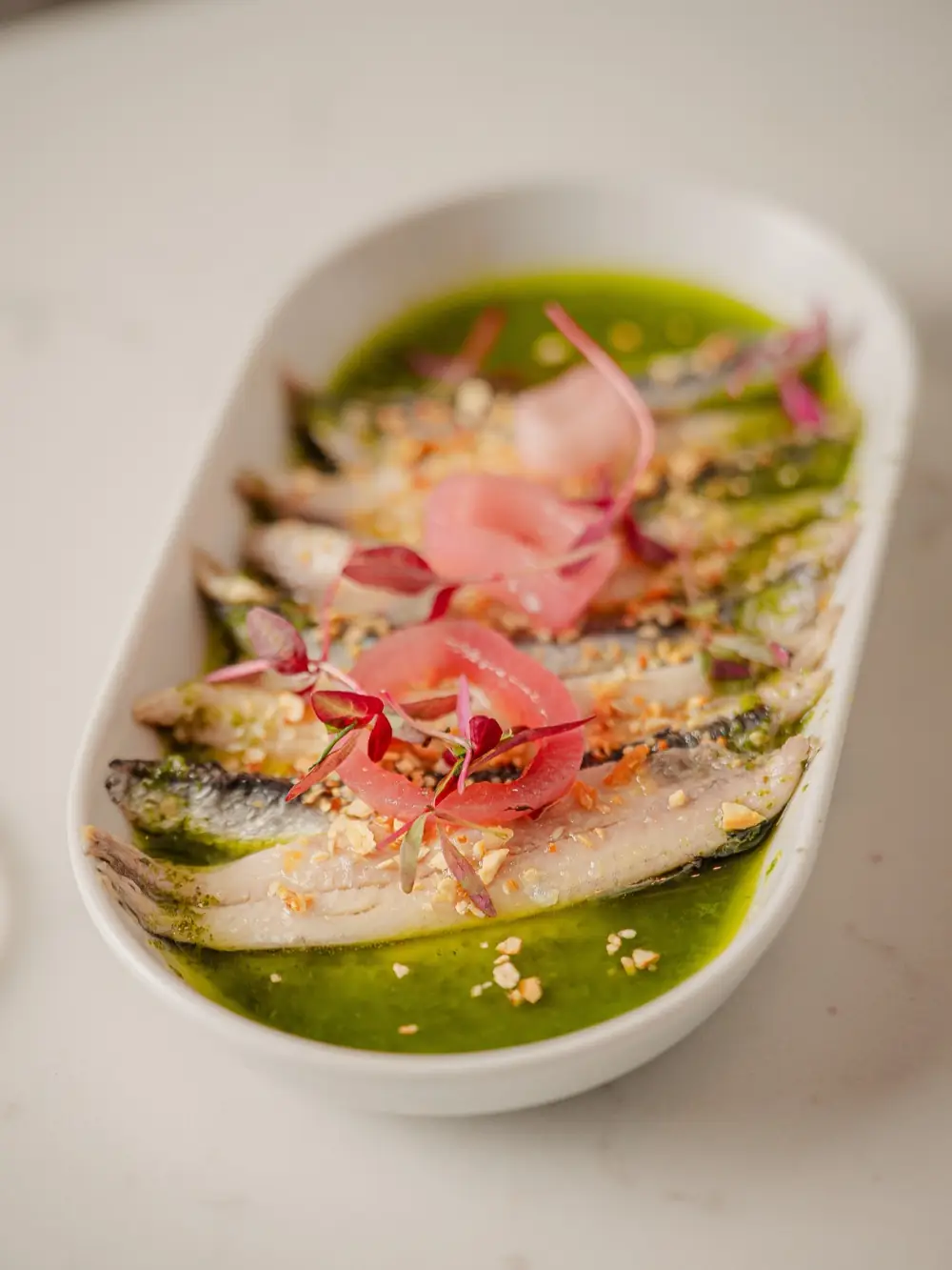 Cured anchovies in parsley oil with pickled onion