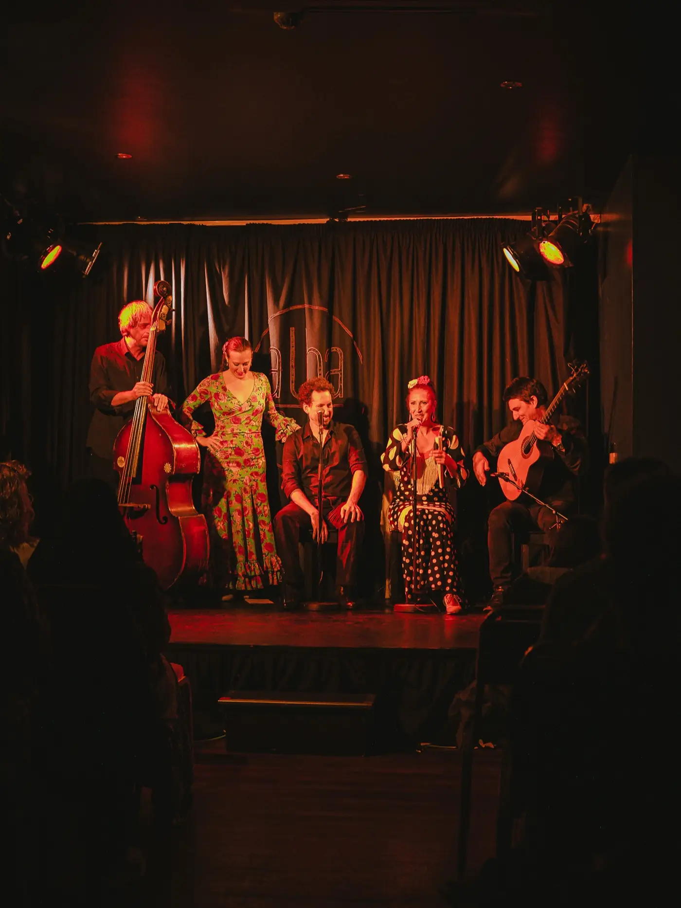 A flamenco singer and double bass player mid-performance